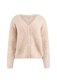 Cardigan lavorato a maglia crema con scollatura a V, caratterizzato da motivi testurizzati e sei bottoni davanti. Polsini e orlo a costine.