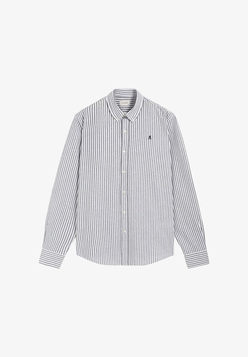 Chemise à manches longues avec boutons, rayures verticales grises et blanches, col pointu, et petit logo sur la poitrine gauche.