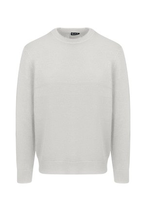 Maglione grigio chiaro con scollo rotondo, maniche lunghe, orlo e polsini a costine e motivo a maglia testurizzato. Tessuto liscio e morbido al tatto.