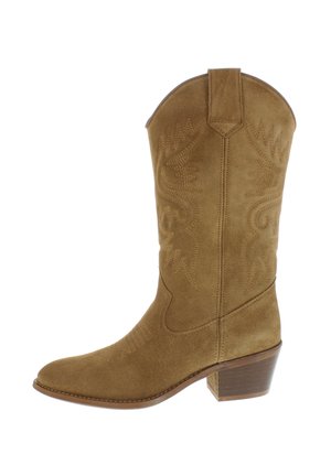Brown suede cowboy boot with a pointed toe, decorative stitching, a mid-height heel, and a curved top. Textured finish with a polished sole.