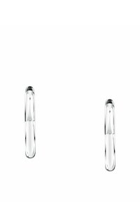 Coppia di orecchini cerchio in argento lucido e levigato con superficie riflettente su sfondo bianco.