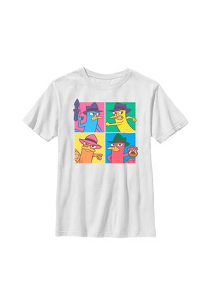 Hvid T-shirt med fire farverige tegneserie-vanddyr iført fedorahatte, hver i en separat firkant med forskellige baggrunde og positurer.