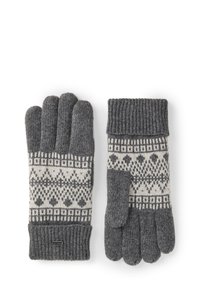 Een paar grijze gebreide handschoenen met witte geometrische patronen en geribde manchetten, waarbij de ene handschoen met de handpalm naar beneden ligt en de andere met de handpalm naar boven.