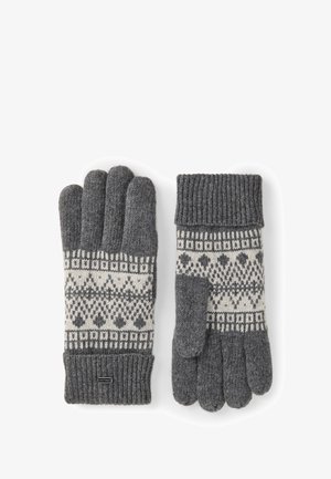 Paire de gants gris tricotés avec des motifs géométriques blancs et des poignets côtelés, un gant paume vers le bas, l'autre paume vers le haut.