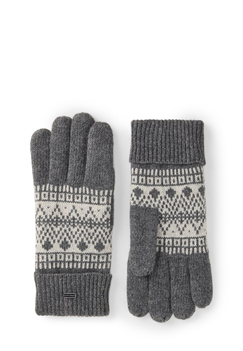 Een paar grijze gebreide handschoenen met witte geometrische patronen en geribde manchetten, waarbij de ene handschoen met de handpalm naar beneden ligt en de andere met de handpalm naar boven.