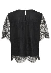 Black top featuring lace short sleeves, a rounded neckline, and a keyhole back. Scalloped lace hem adds texture and detail.