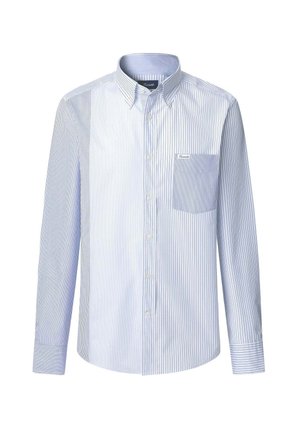 Button-up shirt in lightweight cotton featuring vertical blue and white stripes, a chest pocket, and a classic collar design.