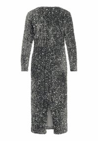 Abito lungo a maniche, in paillettes argento, con silhouette aderente, scollatura rotonda e spacco sul retro. Superficie testurizzata con una finitura scintillante.