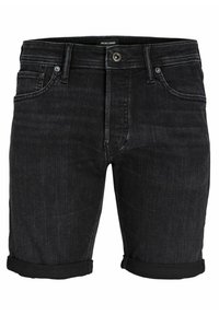 Pantalones cortos de mezclilla negra con puños doblados, cierre frontal con botón y cremallera, lazos para cinturón y diseño de cinco bolsillos.