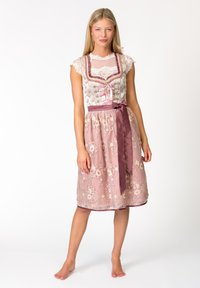 Das mit Spitze akzentuierte Dirndlkleid verfügt über einen taillierten Mieder mit einem rosa Blumenrock und einem Satinband, das aufwändige Stickereien und Texturen zeigt.