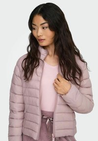 Heled roosa soojendaja, millel on vertikaalne tikandimuster, kõrge krae ja tõmbluku sulgemine, kantud heledates roosades särgis. Sujuv tekstuur.