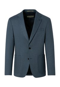 Marineblau strukturierter Blazer mit zwei Fronttaschen, einreihigem Design und drei Knöpfen, ausgestattet mit einem schwarzen Innenfutter.