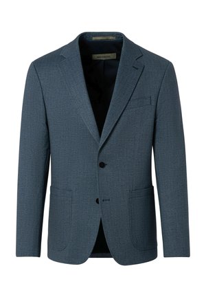 Marineblau strukturierter Blazer mit zwei Fronttaschen, einreihigem Design und drei Knöpfen, ausgestattet mit einem schwarzen Innenfutter.