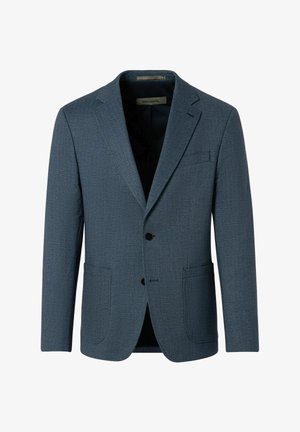 Donkerblauwe textuur blazer met twee voorkeurszakken, éénknoopssluiting en drie knopen, met een zwarte binnenvoering.