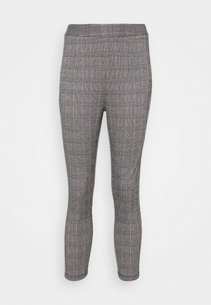 Grijze geruite high-waisted broek met een aansluitende pasvorm, voorzien van een ruitpatroon en een gladde structuur. Geschikt voor zowel casual als formele gelegenheden.