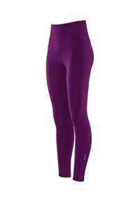 Lila High-Waist-Leggings aus dehnbarem Stoff, mit glatter Textur und einem dezenten Logodetail nahe dem Saum.