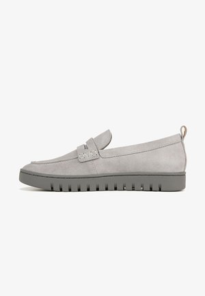 Grey suede slip-on shoe with a flat rubber sole, featuring a textured band across the upper for detail and a tab at the heel for easy wear.
