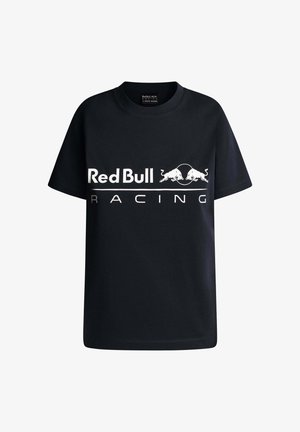 Schwarzes Baumwoll-T-Shirt mit dem "Red Bull Racing"-Logo in Weiß über der Brust, mit zwei stilisierten Bullen-Graphics über dem Text.