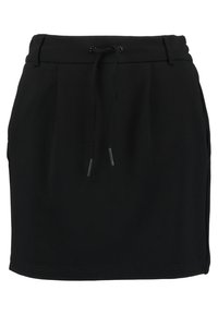 Jupe noire avec une taille à cordon de serrage, tissu lisse, avant plissé et poches latérales. Coupe droite avec un ourlet à la longueur mi-cuisse.