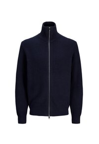 Navy blue zip-up sweater with high collar, ribbed texture, long sleeves, and fitted cuffs. Features a central zipper and a textured design.