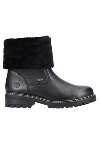 Bottine noire en cuir avec un joli revers en fourrure noire, finition texturée et surpiqûres blanches contrastantes sur la semelle. Semelle à sculptures pour une bonne adhérence.