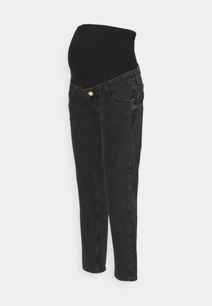 Jean de maternité noir avec taille élastique soutenant le ventre de grossesse, présenté sur fond blanc.