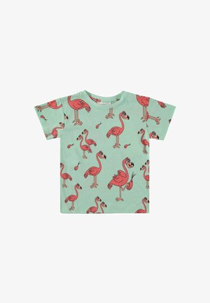 Mint green short-sleeve t-shirt featuring a playful pattern of pink flamingos and small accents in black. Soft fabric and casual fit.