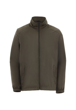 Donkergroen lichte jas met opstaande kraag, ritssluiting aan de voorkant en twee zijzakken. Elastische manchetten en een gladde, matte afwerking.
