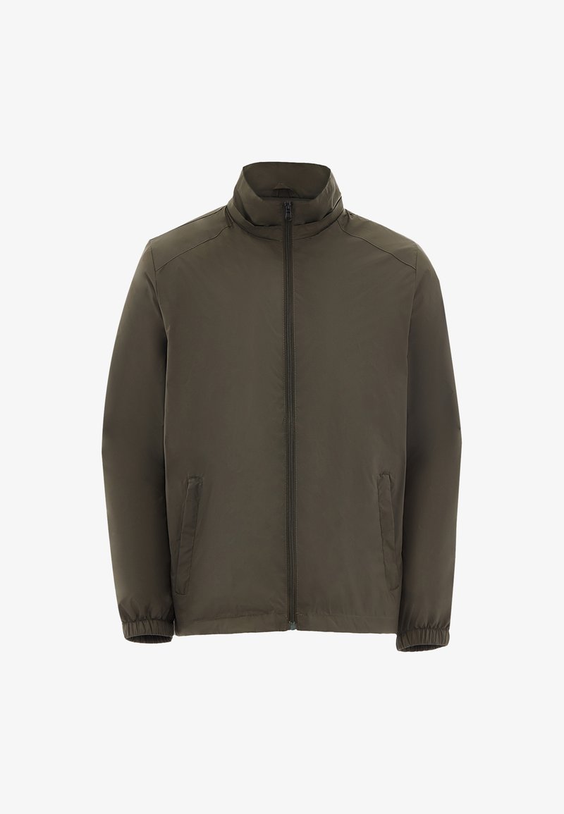 Mørk olivenfarvet letvægtsjakke med en ståkrave, frontåbning med lynlås og to sidelommer. Elastiske manchetter og en glat, mat finish.