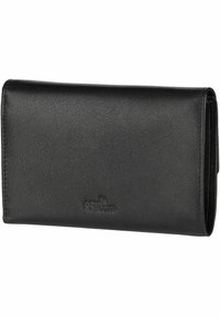 Black leather wallet with a textured surface, featuring RFID protection, a fold-over design, and embossed branding on the front.