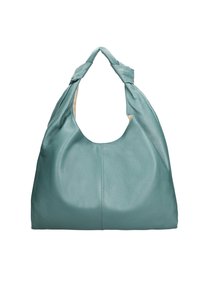 Teal leren hobo tas met een zachte, textuur oppervlak, een brede opening en geknoopte handgrepen. Het heeft een minimalistisch ontwerp en geen zichtbare hardware.