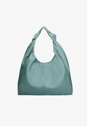 Teal leren hobo tas met een zachte, textuur oppervlak, een brede opening en geknoopte handgrepen. Het heeft een minimalistisch ontwerp en geen zichtbare hardware.