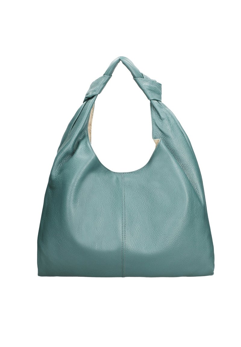Teal leren hobo tas met een zachte, textuur oppervlak, een brede opening en geknoopte handgrepen. Het heeft een minimalistisch ontwerp en geen zichtbare hardware.
