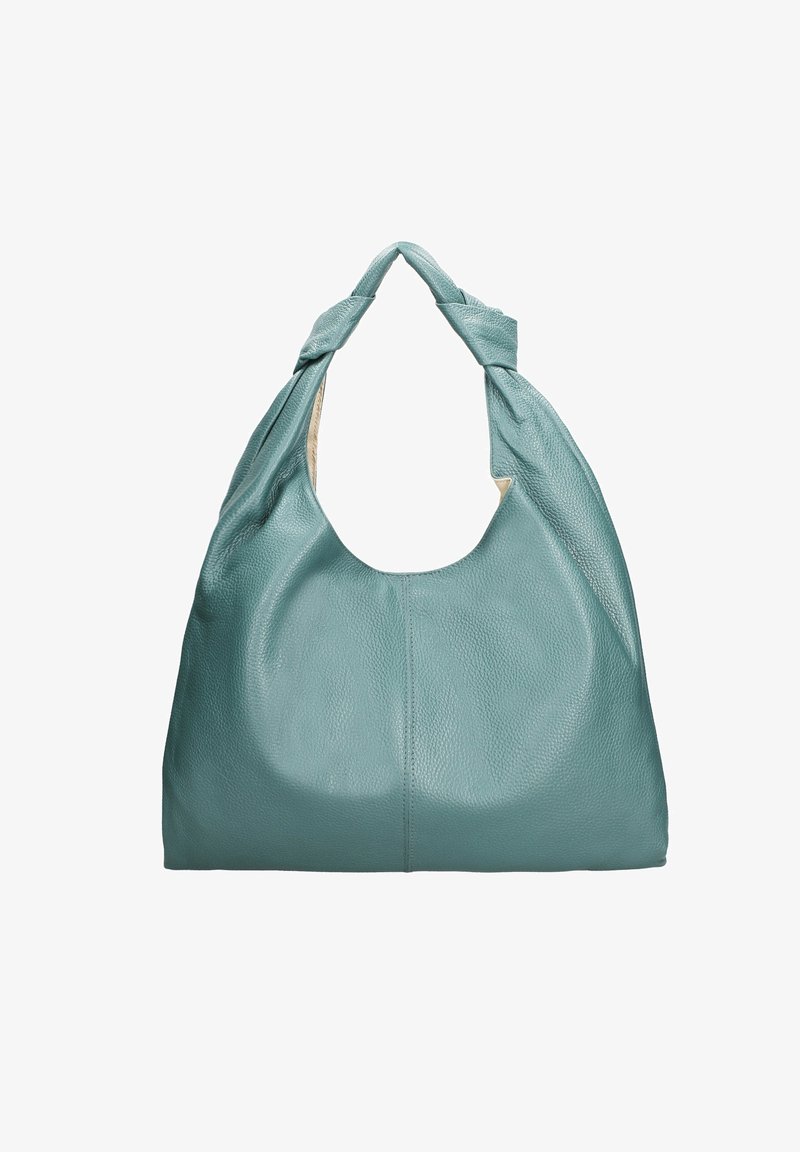 Teal leren hobo tas met een zachte, textuur oppervlak, een brede opening en geknoopte handgrepen. Het heeft een minimalistisch ontwerp en geen zichtbare hardware.
