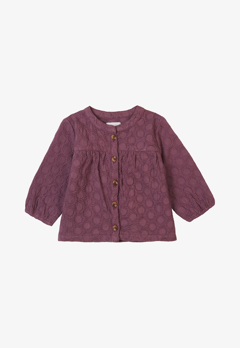 Purple textured jacket with long sleeves, gathered detail, and five wooden buttons down the front. Rounded neckline and one chest pocket.