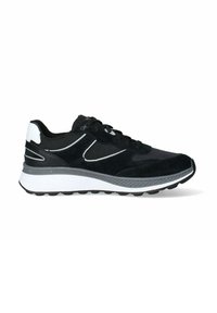 Scarpa sportiva nera con tomaia in suede e tessuto, suola intermedia bianca, suola esterna testurizzata e chiusura con lacci. Presenta accenti sottili e dettagli di ammortizzazione.