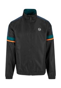 Chaqueta negra de cremallera con cuello alto, que presenta rayas en teal y naranja en las mangas y un pequeño logotipo en el pecho. Textura suave.