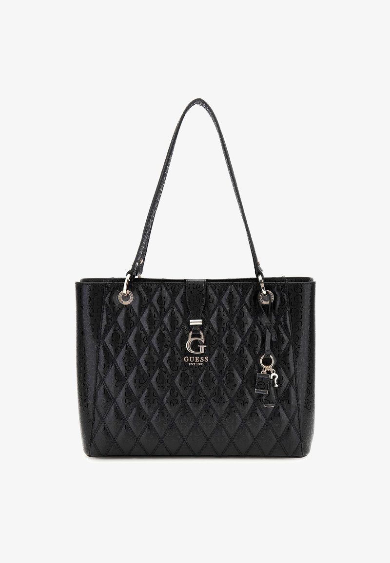 Sac à main noir matelassé à porter à l'épaule avec double anse, motif embossé, logo métallique "G" et charms décoratifs en forme de cadenas et clé.