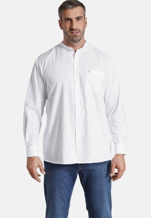 Weißes Langarm-Hemd mit Knopfleiste, Stehkragen und Brusttasche, aus leichtem Stoff mit einer leicht strukturierten Oberfläche.