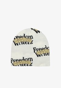 Gorro de punto en blanco con el texto y diseño gráfico en negro y beige "Freedom Winterz"; textura suave, parte superior redondeada y ajuste elástico.