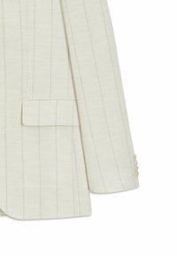 Manche de blazer ivoire à fines rayures avec poche à rabat et trois boutons assortis sur le poignet, présenté sur un fond blanc.