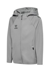 Grå hættetrøjejakke lavet af blødt stof. Har lynlåslukning, sidelommer og et logo på brystet. Glat tekstur med paneldetaljer.