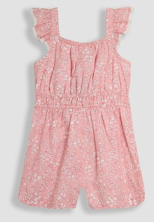 Romper floreale rosa con spalline arricciate, vita elastica e gambe corte. Il tessuto presenta piccoli fiori bianchi su uno sfondo rosa.