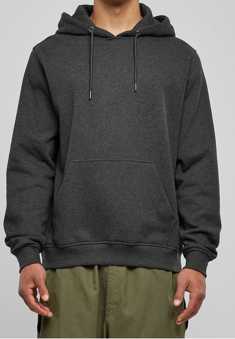 Dunkelgrauer Hoodie aus weichem Stoff, mit Kängurutasche, verstellbaren Kordeln und gerippten Bündchen sowie Bund.