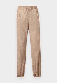 Χακί παντελόνι jogger από υφασμάτινη υφή, με ελαστική μέση, πλαϊνές τσέπες και ελαστικές μανσέτες στους αστραγάλους.