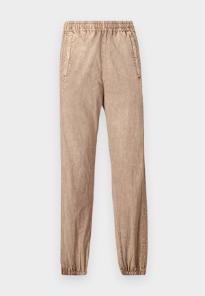 Khaki trenirka hlače od teksturiranog materijala, s elastičnim pojasom, bočnim džepovima i elastičnim završetcima na gležnjevima.