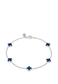 Silbernes Gliederarmband mit blauen Email-Blumenmotiven, verbunden durch Glieder, mit einem Karabinerverschluss.