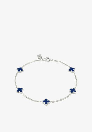 Hõbedast kettidega käevõru, millel on sinised emailitud lillekujud, ühendatud lülidega, klõpslukuga kinnitusega.