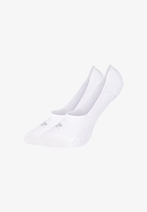 Pair of white low-cut no-show socks with mesh ventilation panels and seamless toe design.