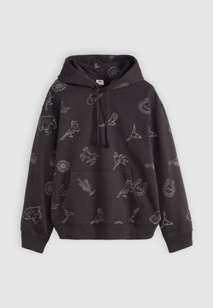 Fekete kapucnis pulóver fehér állati és természeti grafikával, elülső zsebbel és állítható húzózsinórral. Puha szövet textúra.